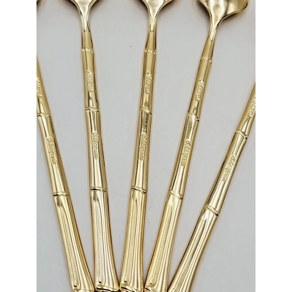 Set 5 National Escapade Iced Tea Spoon Gold Plated Bamboo Style Handle